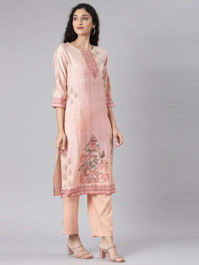 Neerus Peach Straight Casual Floral Kurta and Trouser with Dupatta