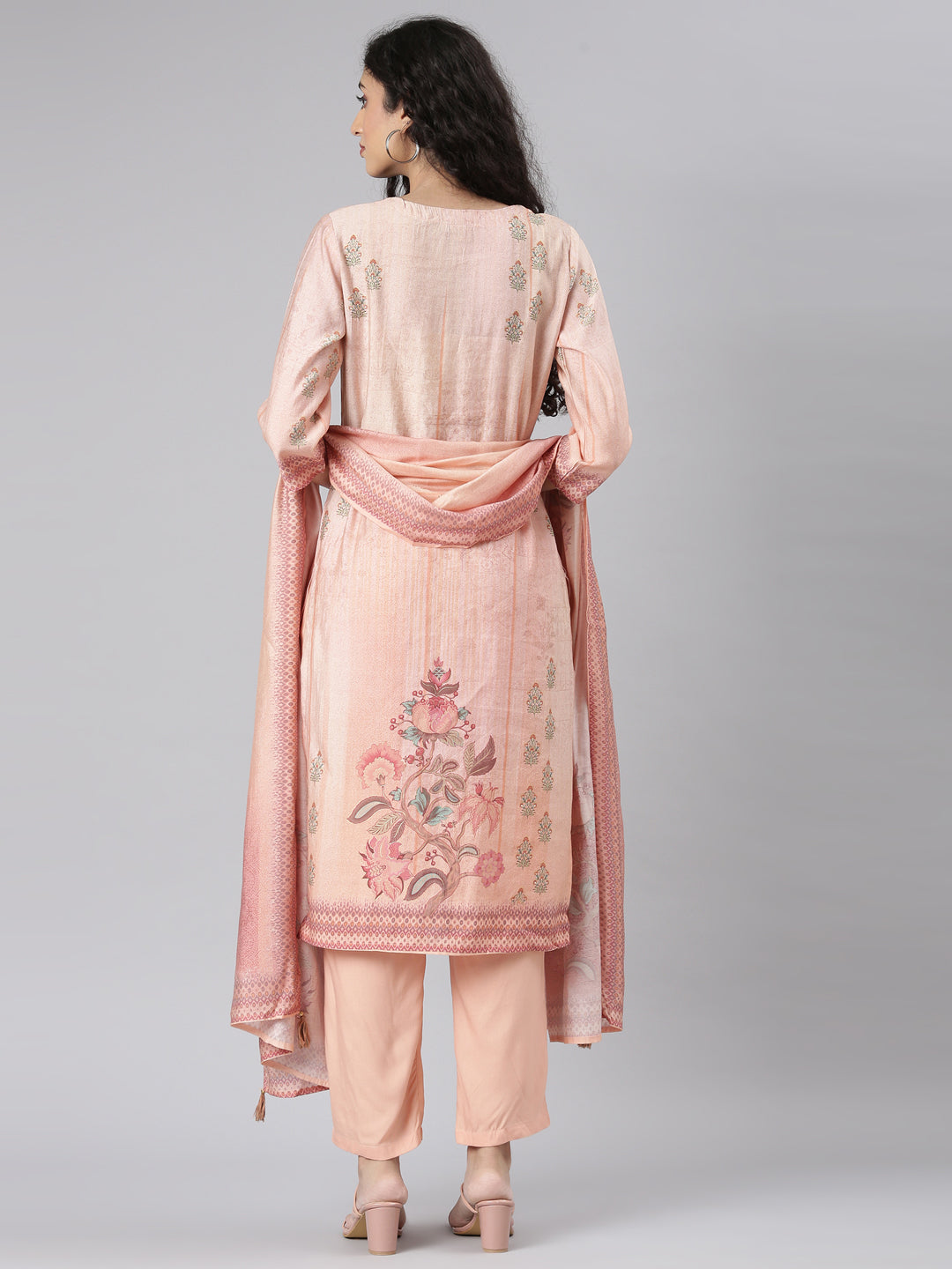 Neerus Peach Straight Casual Floral Kurta and Trouser with Dupatta