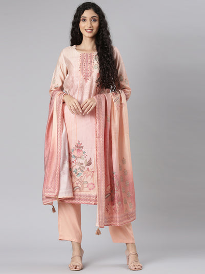 Neerus Peach Straight Casual Floral Kurta and Trouser with Dupatta