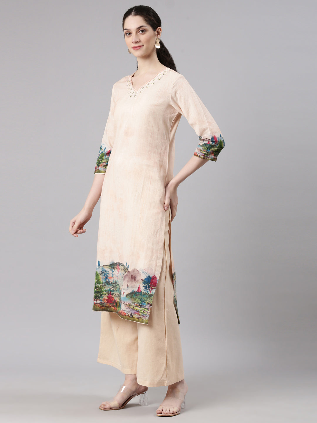 Neerus Cream Straight Casual Solid Kurta and Plazzo with Dupatta