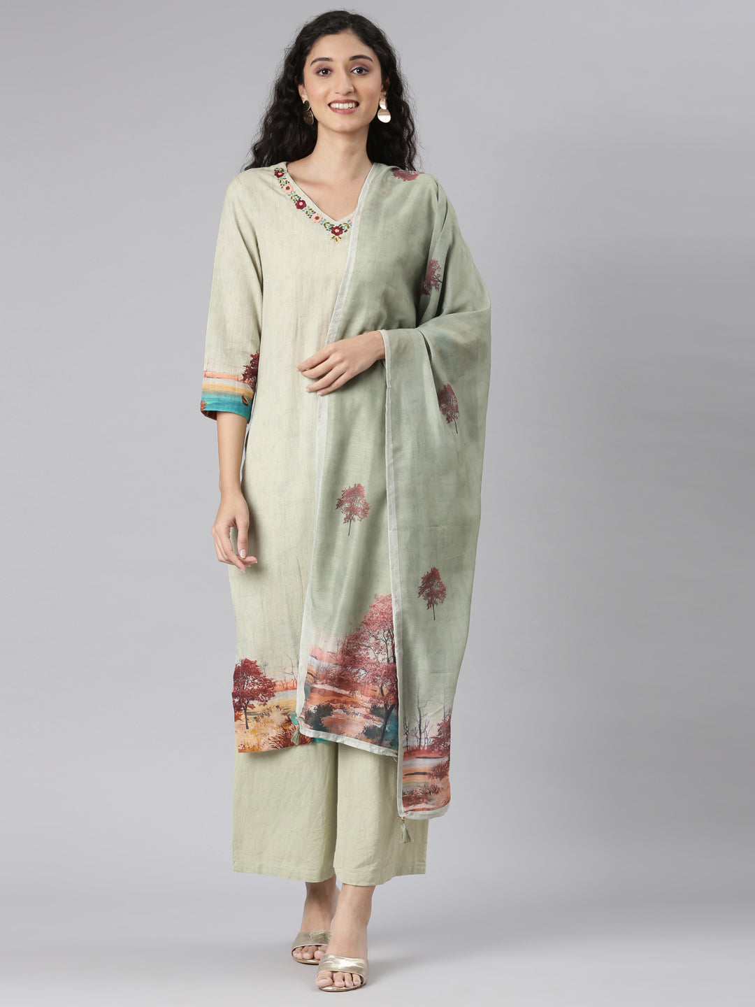 Neerus Green Straight Casual Kurta and Plazzo with Dupatta