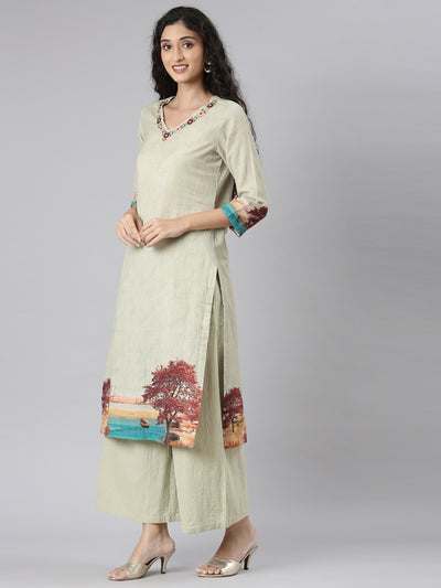 Neerus Green Straight Casual Kurta and Plazzo with Dupatta