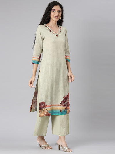 Neerus Green Straight Casual Kurta and Plazzo with Dupatta