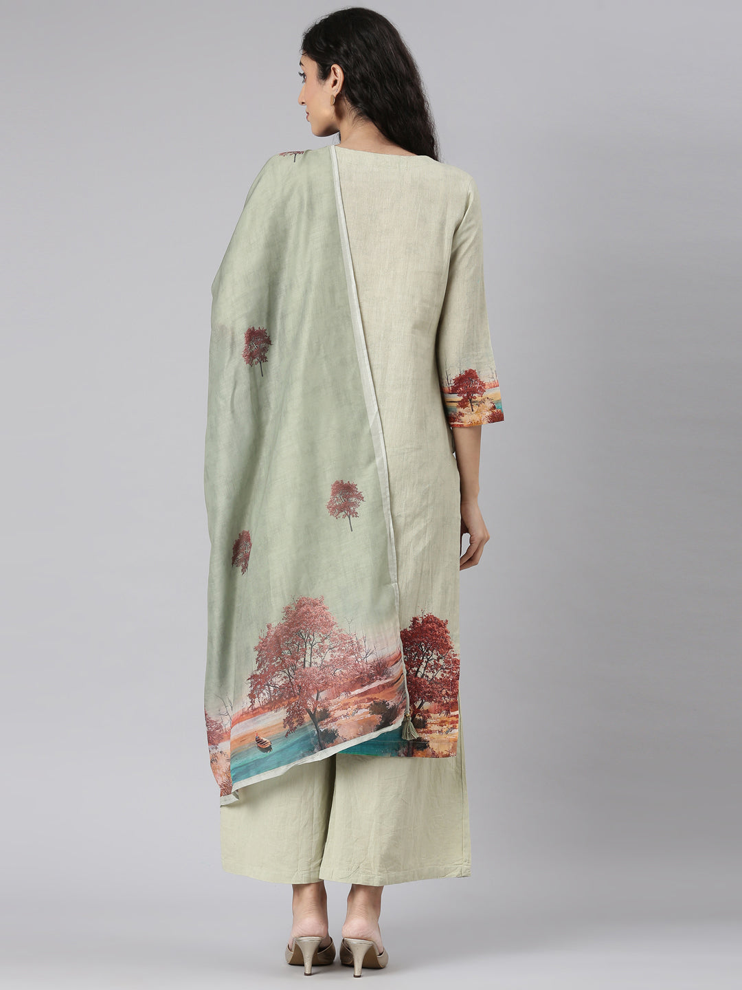 Neerus Green Straight Casual Kurta and Plazzo with Dupatta