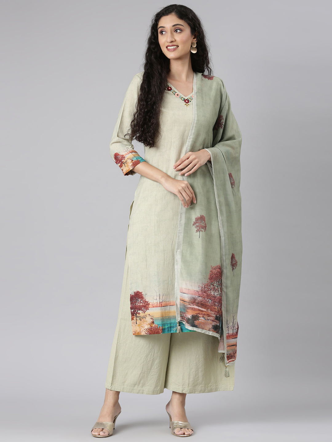 Neerus Green Straight Casual Kurta and Plazzo with Dupatta