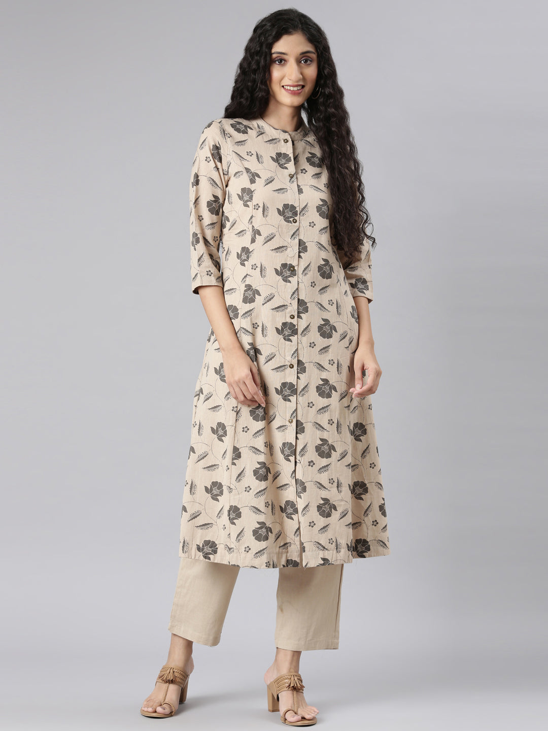 Neerus Beige Straight Casual Floral Kurta and Trouser