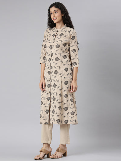 Neerus Beige Straight Casual Floral Kurta and Trouser