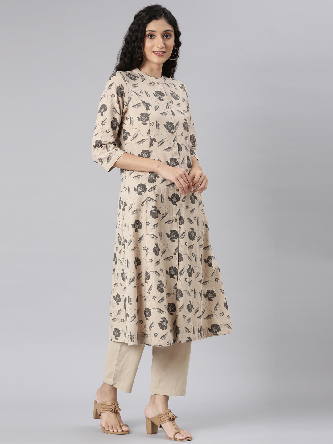 Neerus Beige Straight Casual Floral Kurta and Trouser