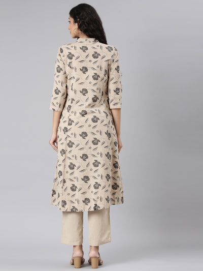 Neerus Beige Straight Casual Floral Kurta and Trouser