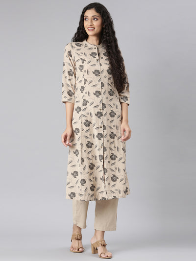 Neerus Beige Straight Casual Floral Kurta and Trouser