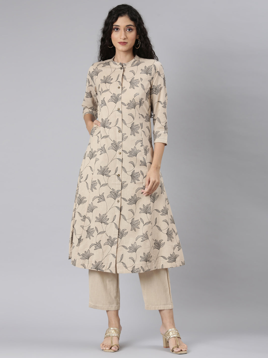 Neerus Beige Straight Casual Floral Kurta and Trouser