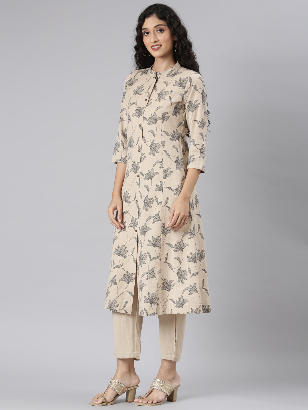 Neerus Beige Straight Casual Floral Kurta and Trouser