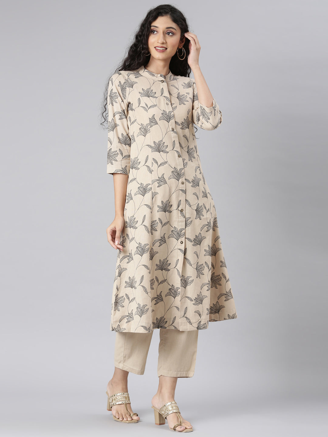 Neerus Beige Straight Casual Floral Kurta and Trouser