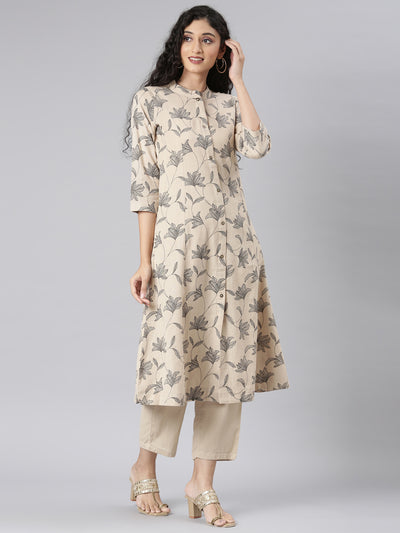 Neerus Beige Straight Casual Floral Kurta and Trouser