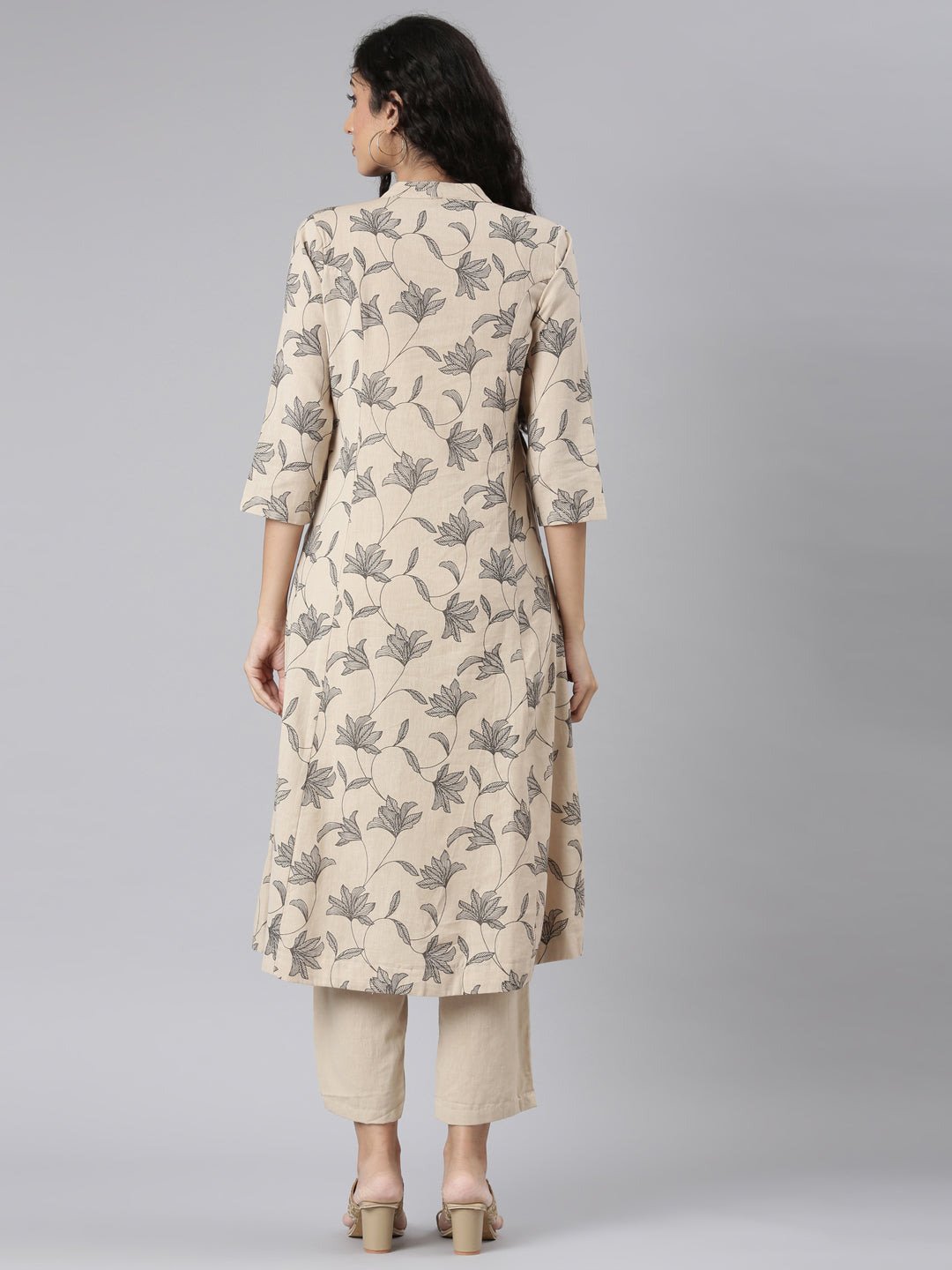 Neerus Beige Straight Casual Floral Kurta and Trouser