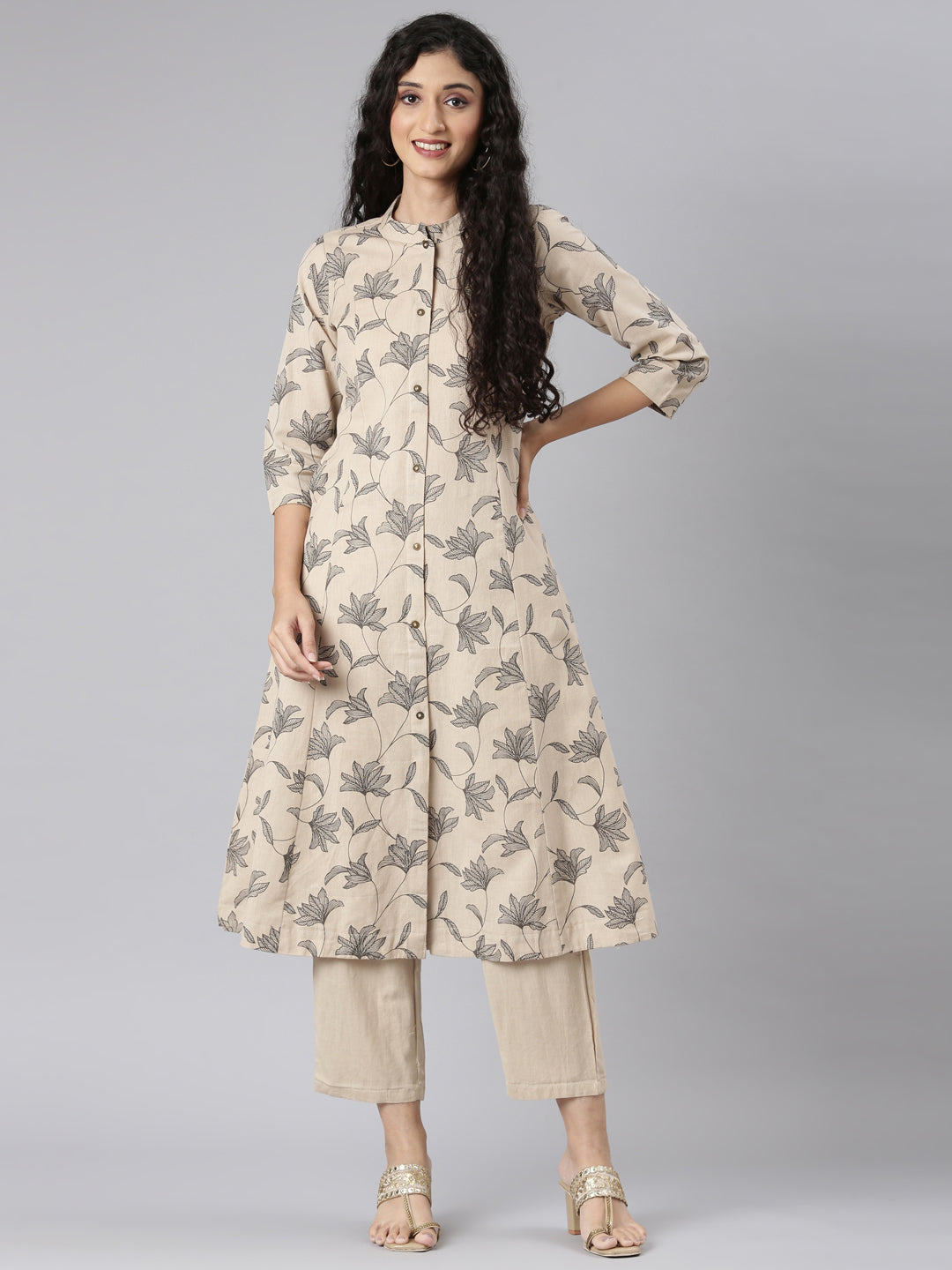 Neerus Beige Straight Casual Floral Kurta and Trouser