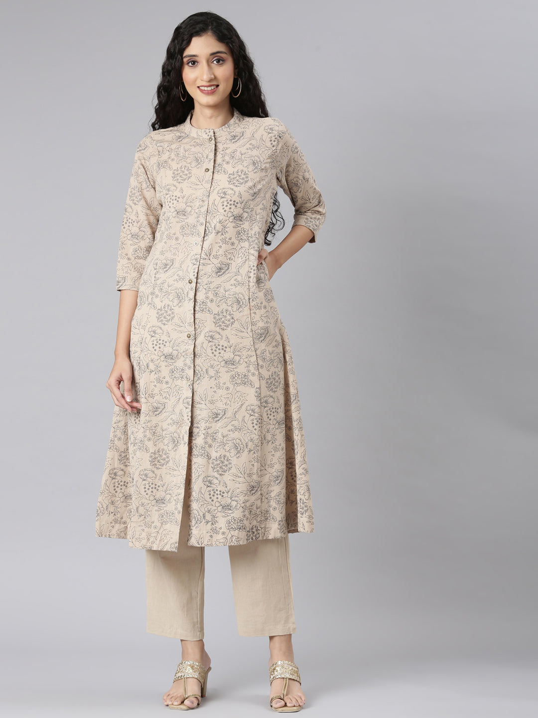 Neerus Beige Straight Casual Floral Kurta and Trouser