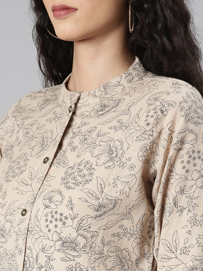 Neerus Beige Straight Casual Floral Kurta and Trouser