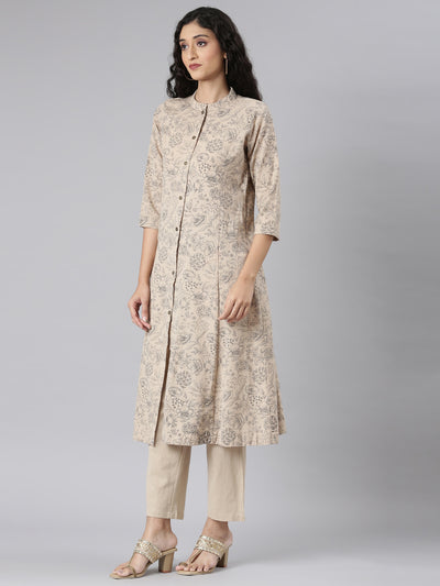 Neerus Beige Straight Casual Floral Kurta and Trouser