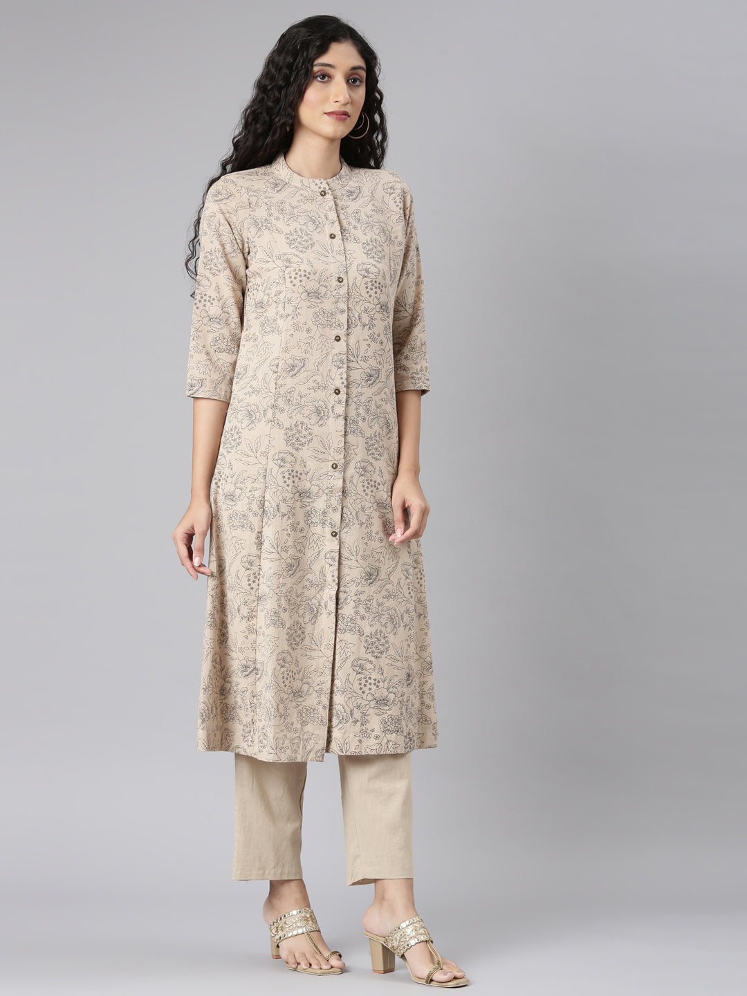 Neerus Beige Straight Casual Floral Kurta and Trouser