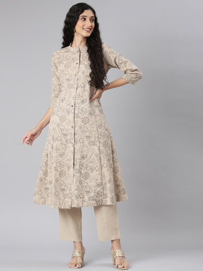 Neerus Beige Straight Casual Floral Kurta and Trouser