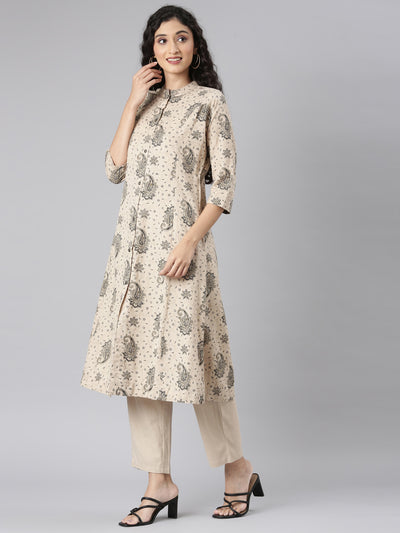 Neerus Beige Straight Casual Floral Kurta and Trouser.