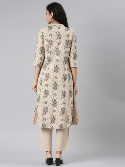 Neerus Beige Straight Casual Floral Kurta and Trouser.