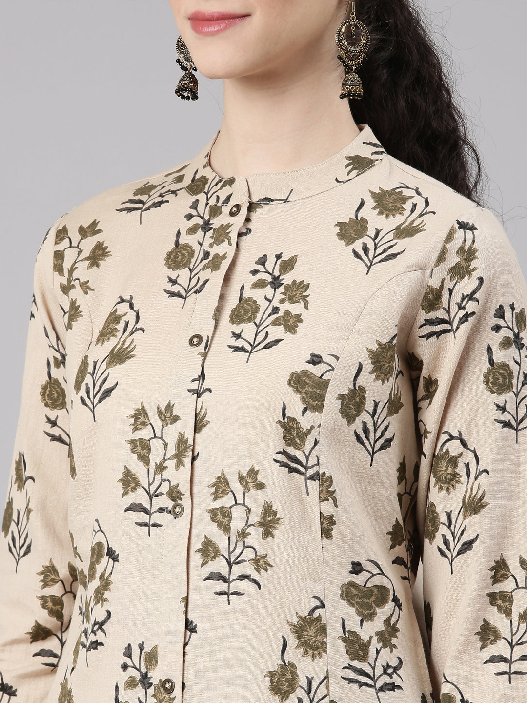 Neerus Beige Straight Casual Floral Kurta and Trouser