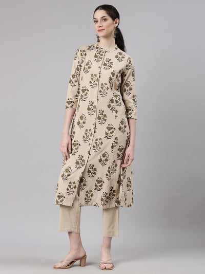 Neerus Beige Straight Casual Floral Kurta and Trouser