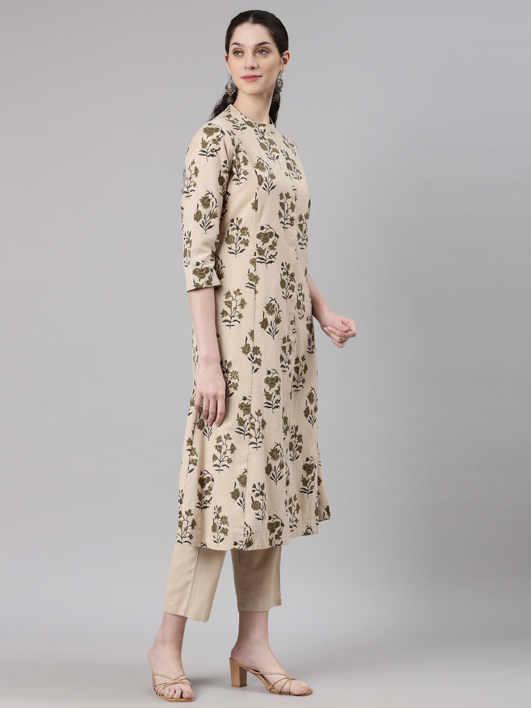 Neerus Beige Straight Casual Floral Kurta and Trouser