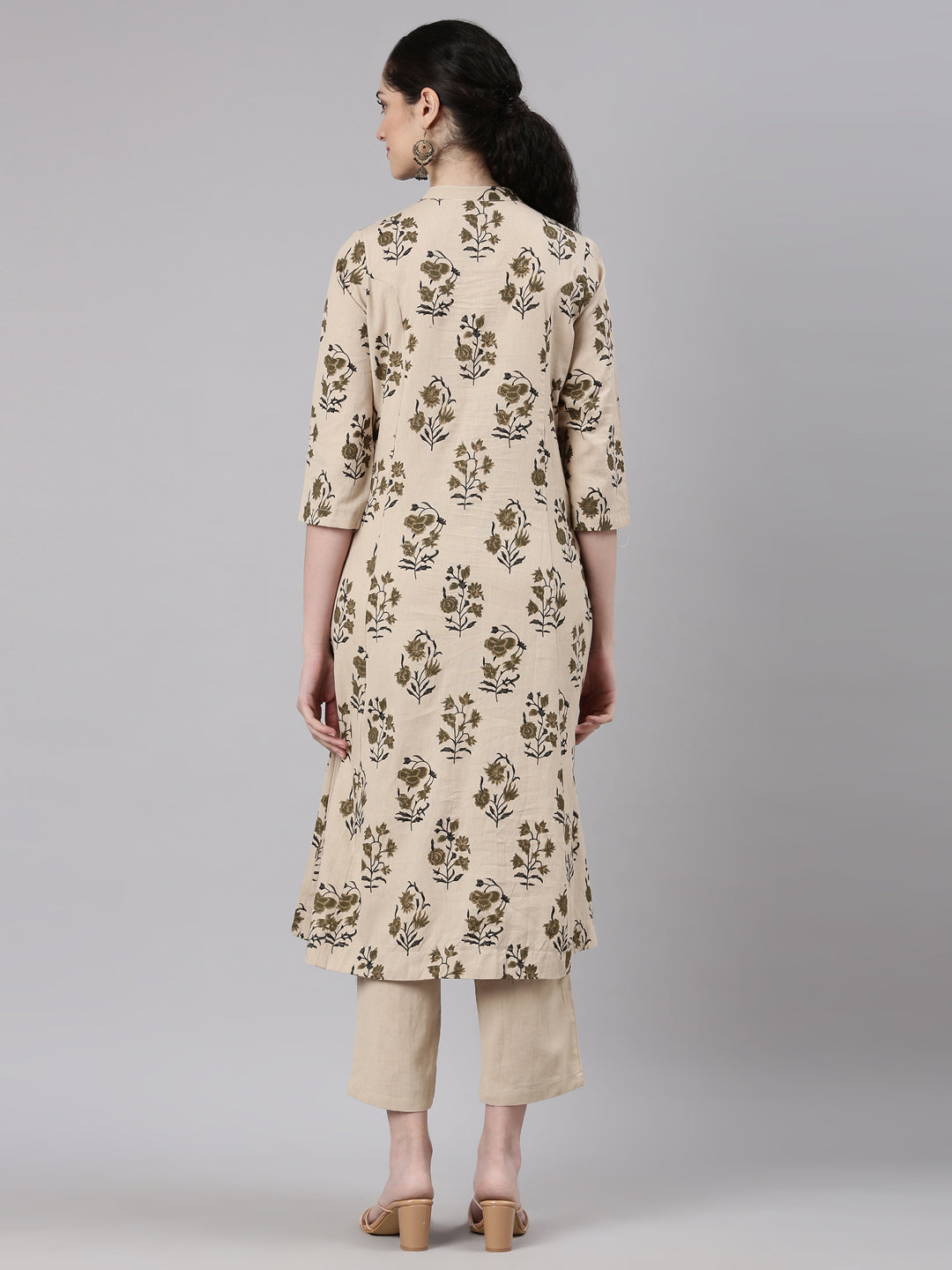 Neerus Beige Straight Casual Floral Kurta and Trouser