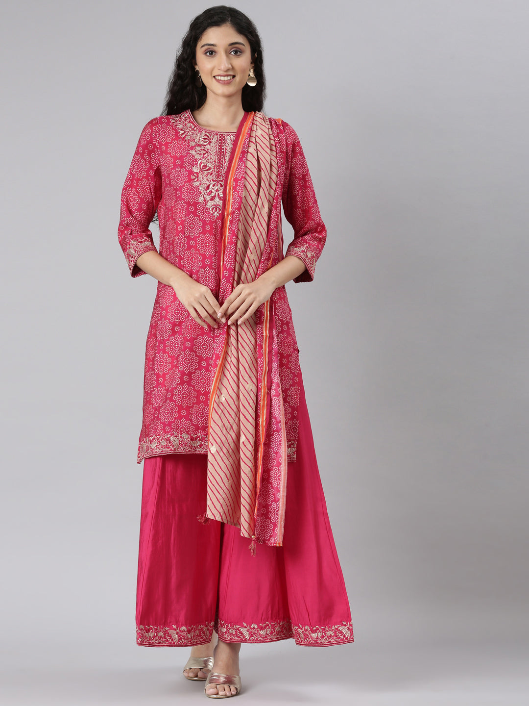 Neerus Pink Straight Casual Bandhani Kurta and plazzo with Dupatta