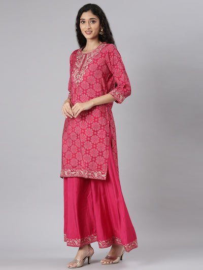 Neerus Pink Straight Casual Bandhani Kurta and plazzo with Dupatta