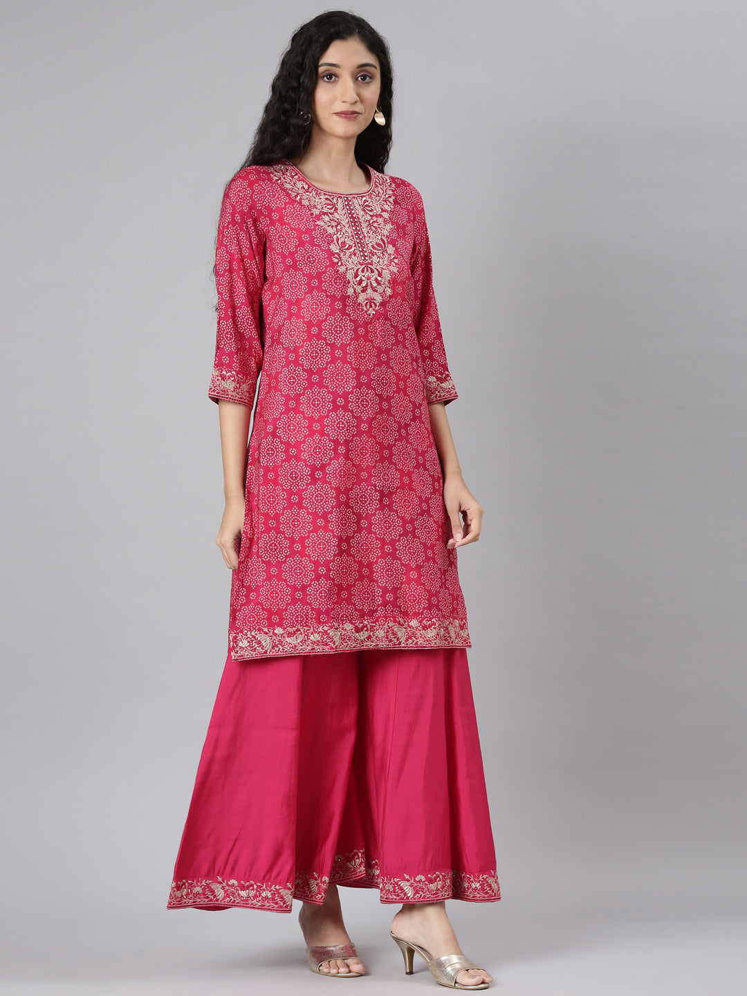 Neerus Pink Straight Casual Bandhani Kurta and plazzo with Dupatta