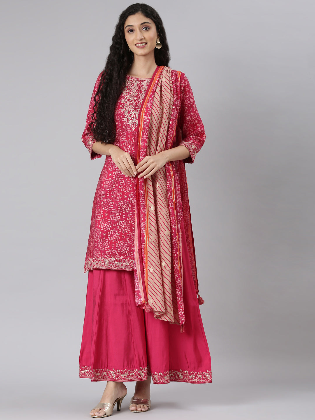 Neerus Pink Straight Casual Bandhani Kurta and plazzo with Dupatta