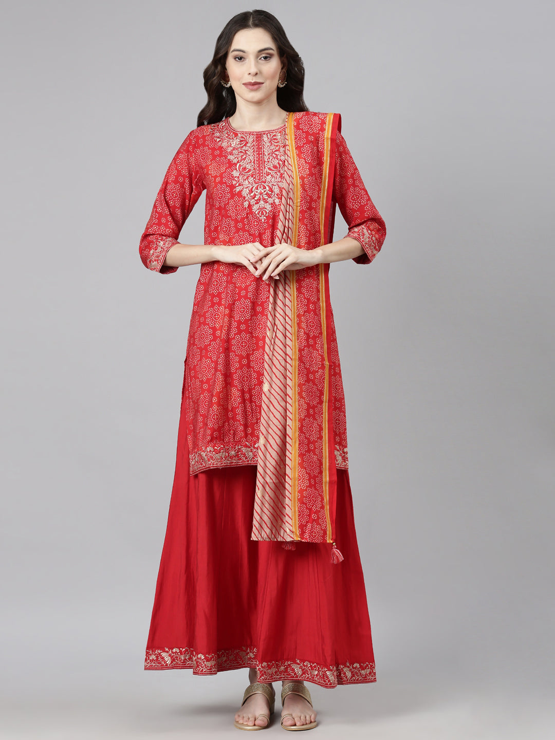 Neerus Red Casual Bandhani Straight Kurti and Palazzos With Dupatta