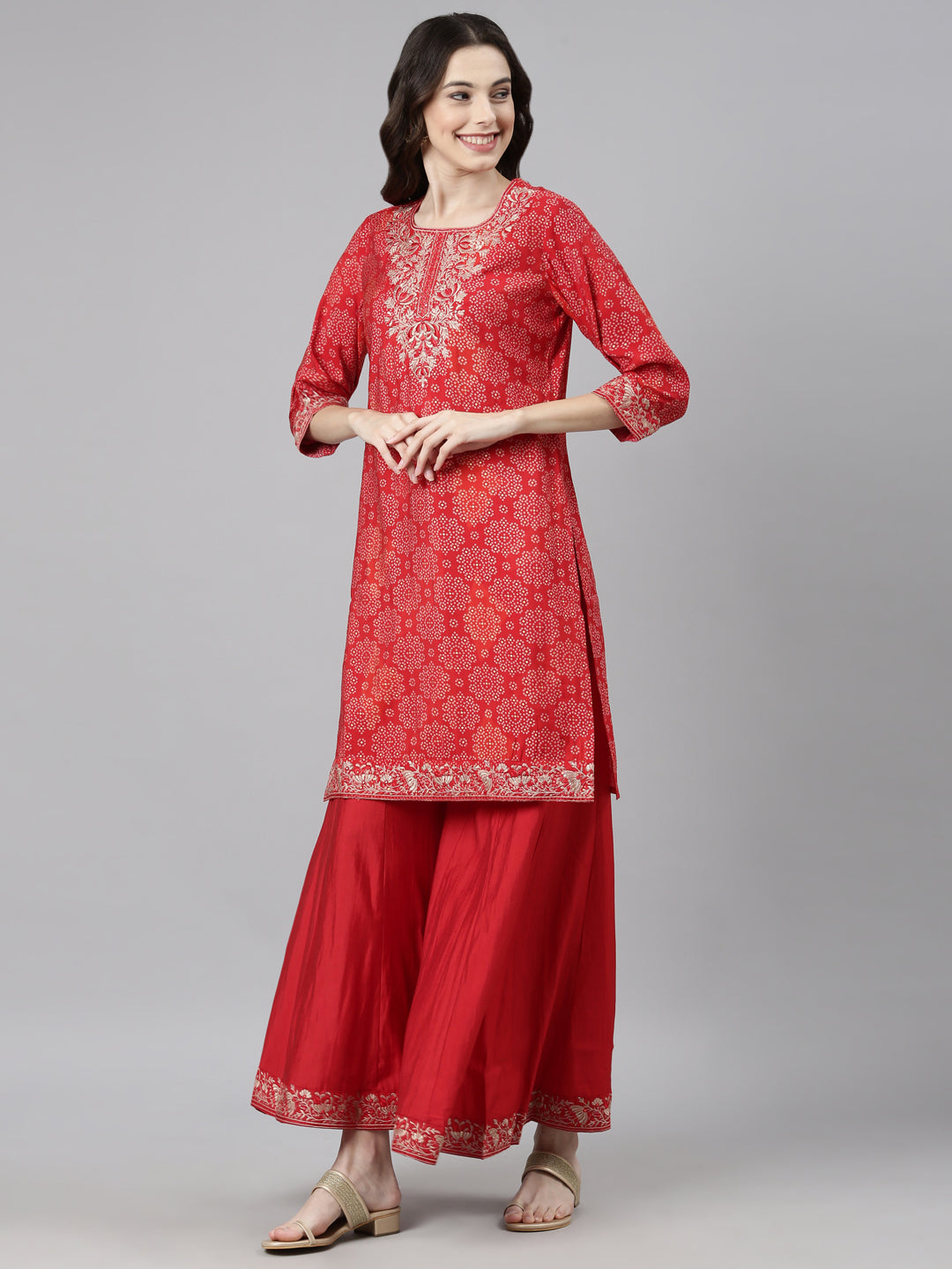 Neerus Red Casual Bandhani Straight Kurti and Palazzos With Dupatta