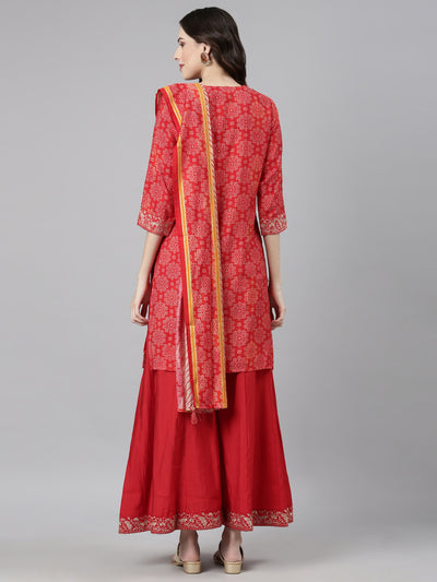 Neerus Red Casual Bandhani Straight Kurti and Palazzos With Dupatta