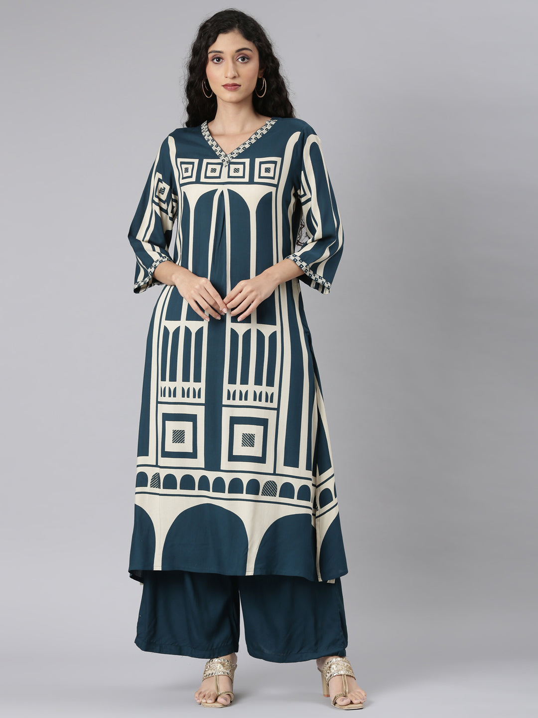 Neerus Green Straight Casual Kurta and Plazzo