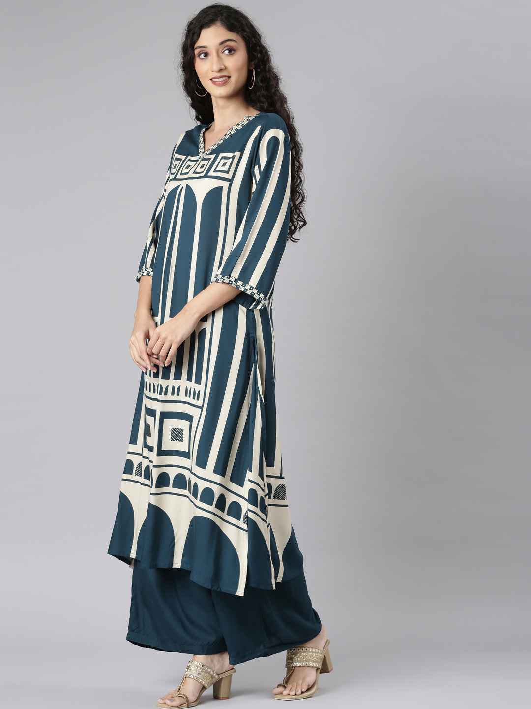 Neerus Green Straight Casual Kurta and Plazzo