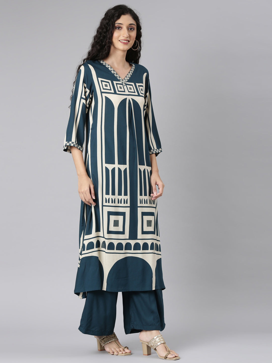 Neerus Green Straight Casual Kurta and Plazzo