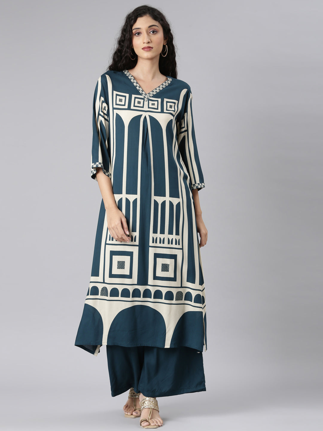 Neerus Green Straight Casual Kurta and Plazzo