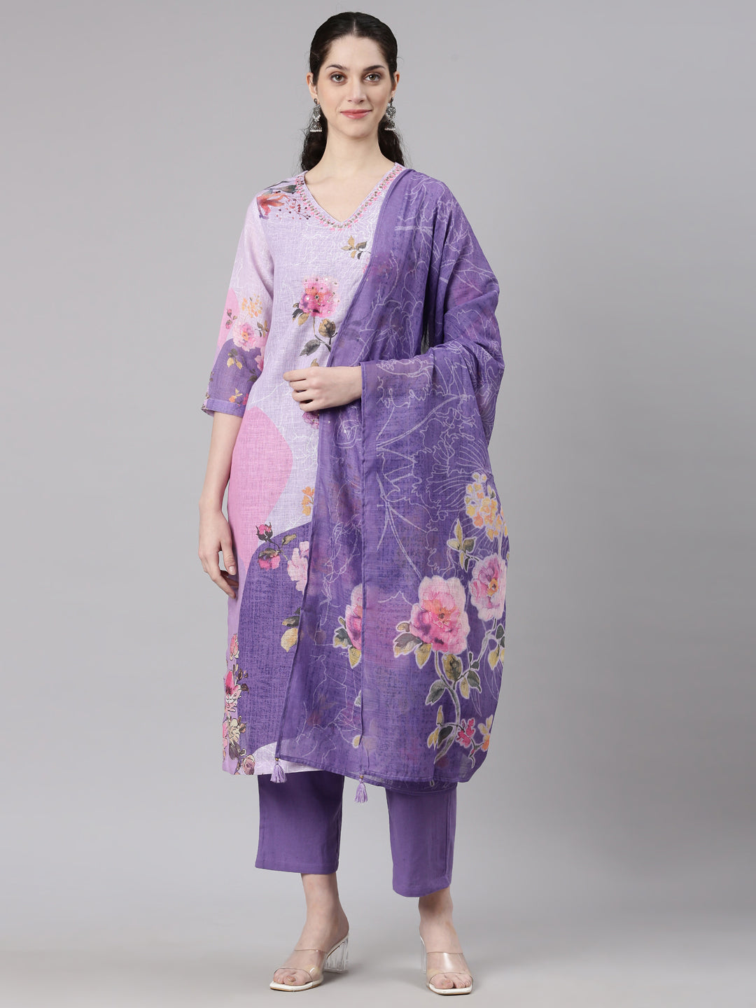 Neerus Lavender Straight Casual Floral Kurta and Trouser with Dupatta