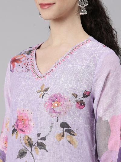 Neerus Lavender Straight Casual Floral Kurta and Trouser with Dupatta