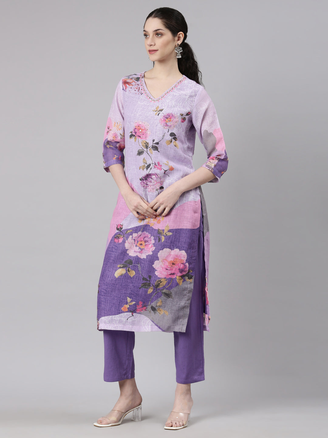 Neerus Lavender Straight Casual Floral Kurta and Trouser with Dupatta