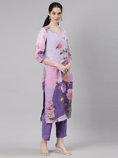 Neerus Lavender Straight Casual Floral Kurta and Trouser with Dupatta