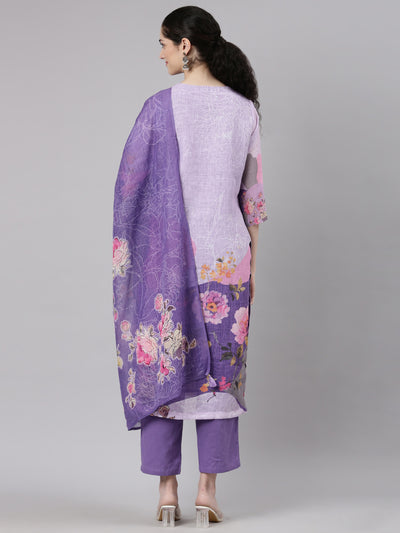 Neerus Lavender Straight Casual Floral Kurta and Trouser with Dupatta