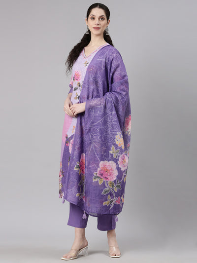 Neerus Lavender Straight Casual Floral Kurta and Trouser with Dupatta