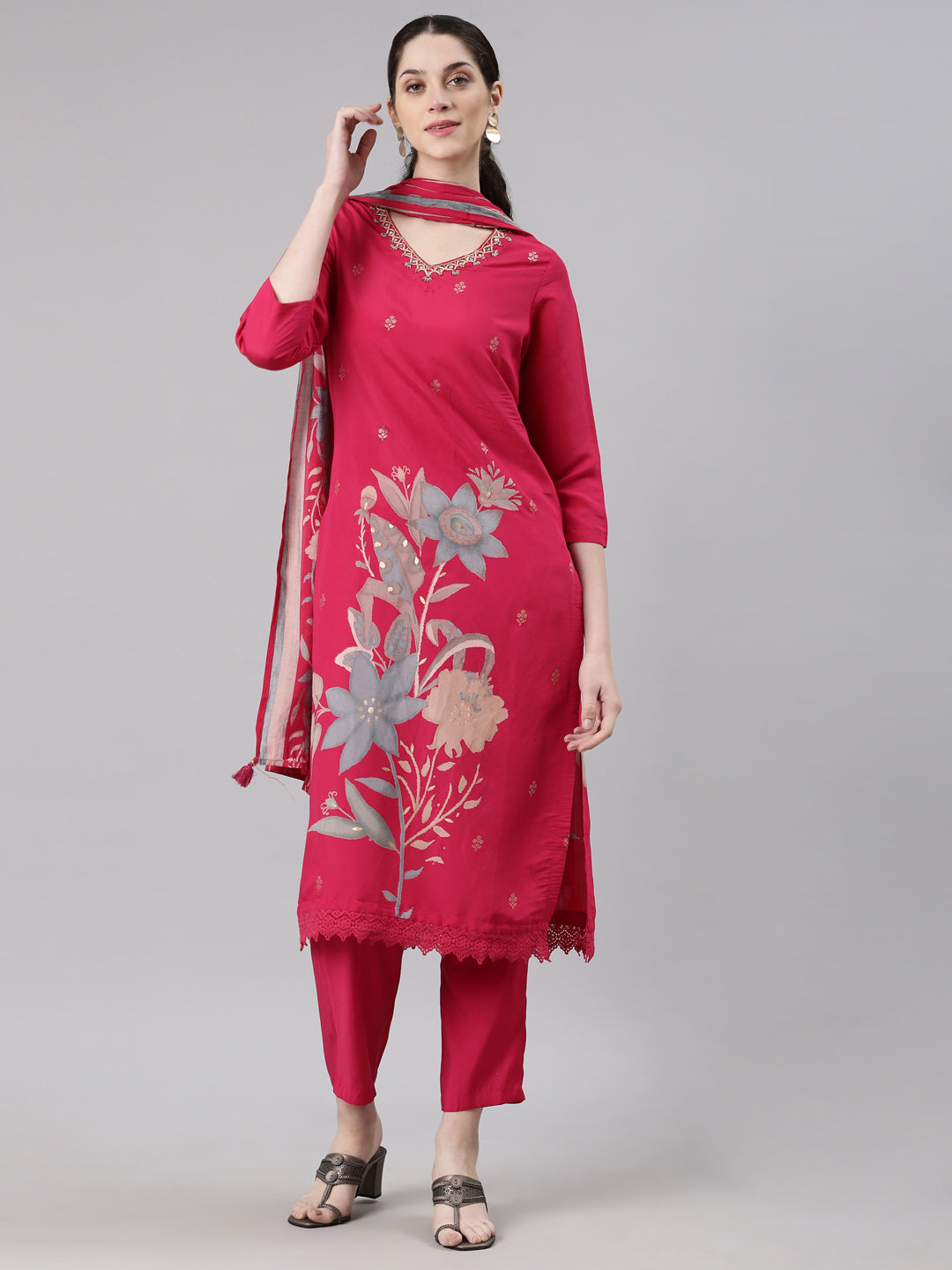 Neerus Pink Straight Casual Floral Kurta and Trouser with Dupatta