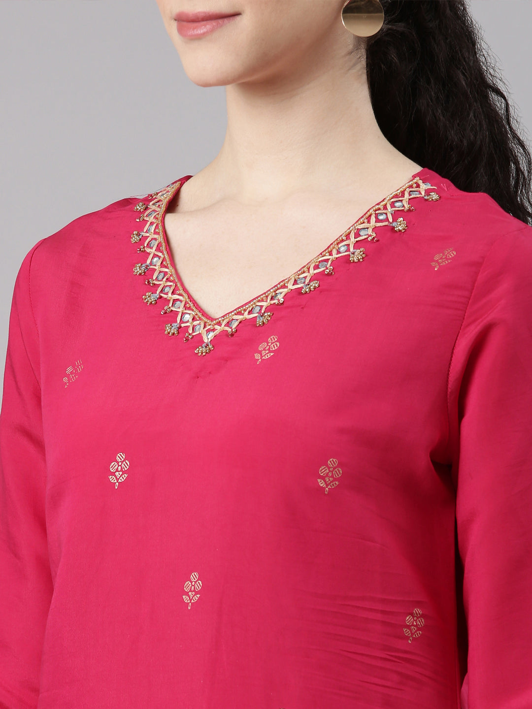 Neerus Pink Straight Casual Floral Kurta and Trouser with Dupatta